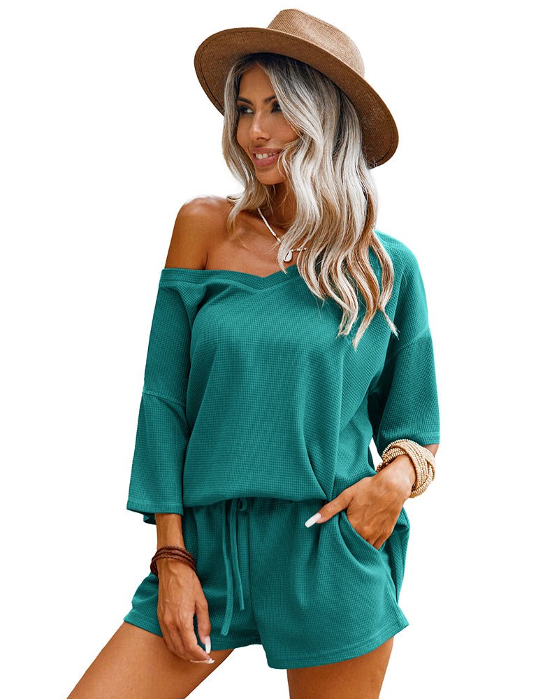 Green waffle-knit off-shoulder 2-piece: top and drawstring shorts