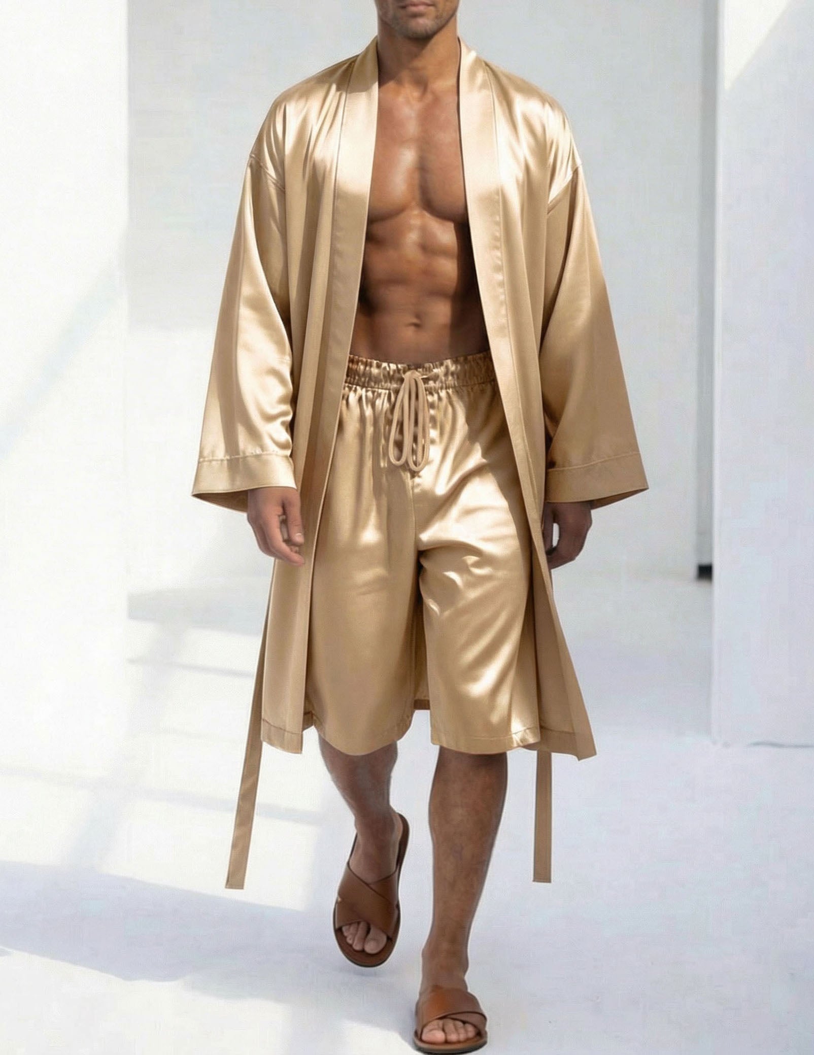 Men's champagne satin robe and shorts set, open kimono-style robe with long sleeves