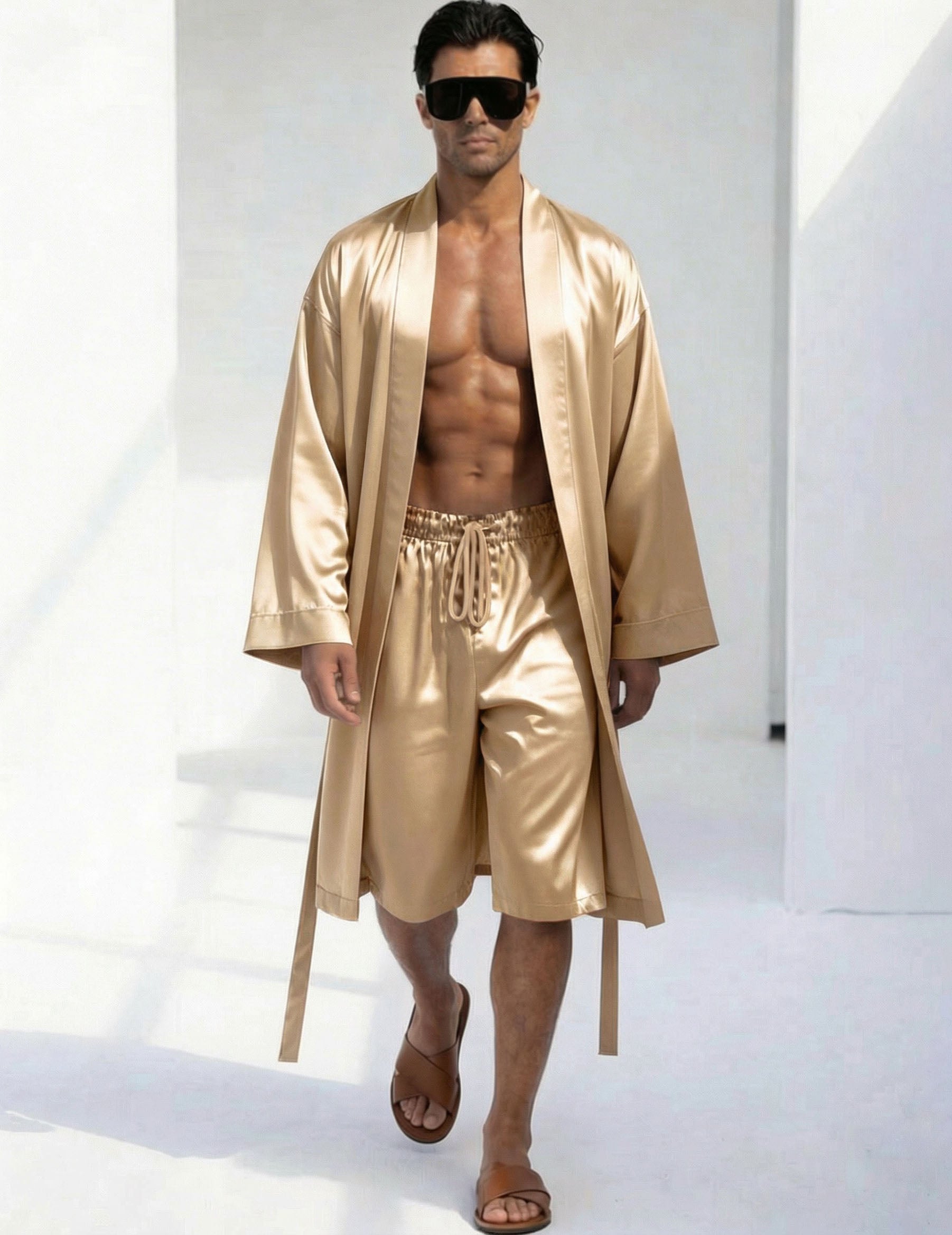 Men's champagne satin robe and matching drawstring shorts set, open front with side ties