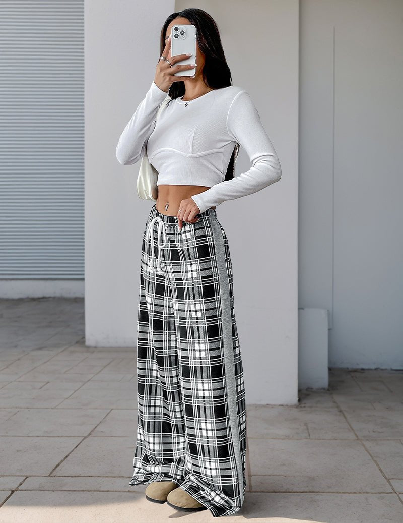 Karierte High-Rise-Wide-Leg-Hose mit Tunnelzugbund und weitem Fall, Schwarz-Weiß