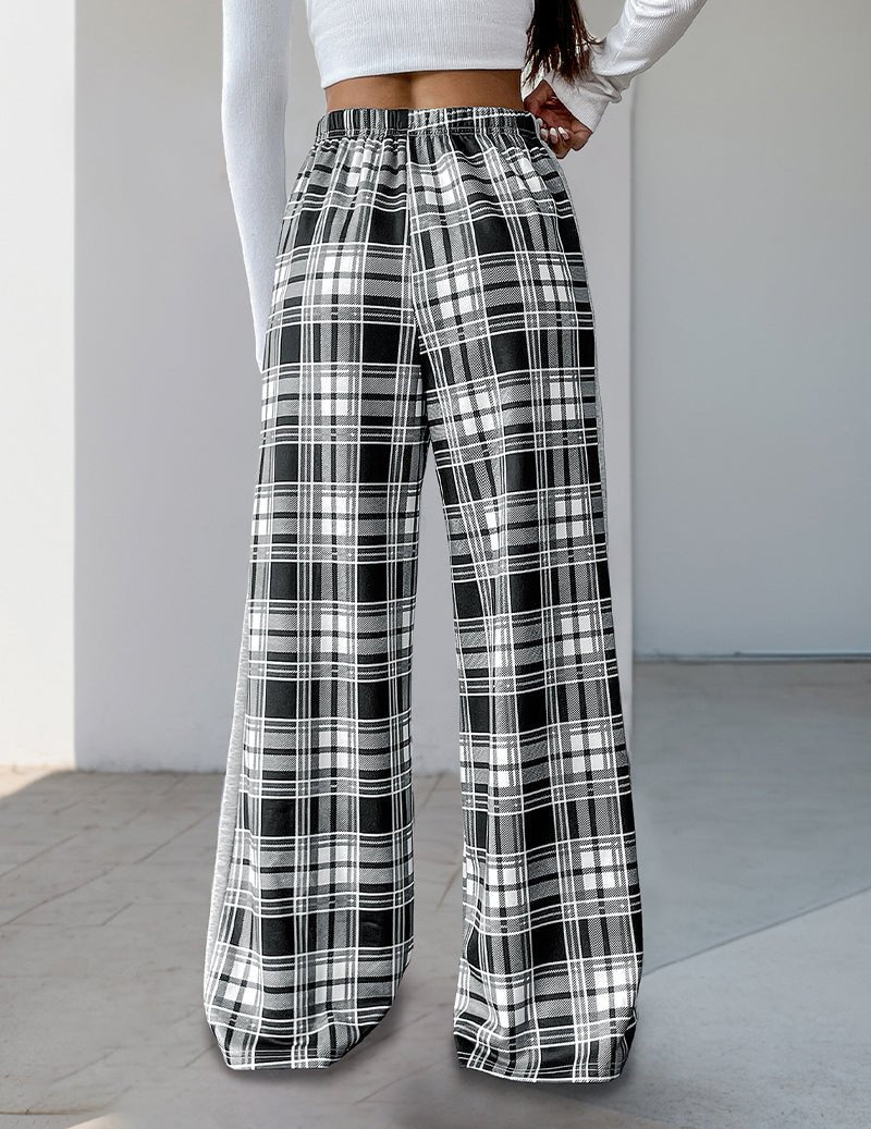 Karierte Wide-Leg-Hose mit hohem Bund und weitem Bein in Schwarz-Weiß