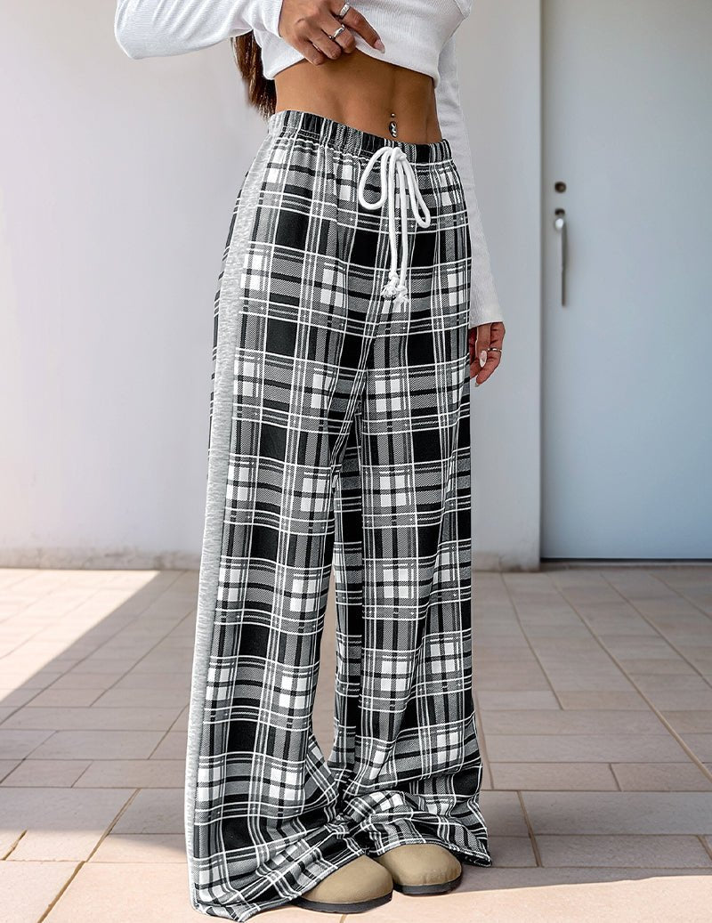 Karierte High-Rise-Wide-Leg-Hose mit elastischem Bund und Bindeband, Schwarz-Weiß