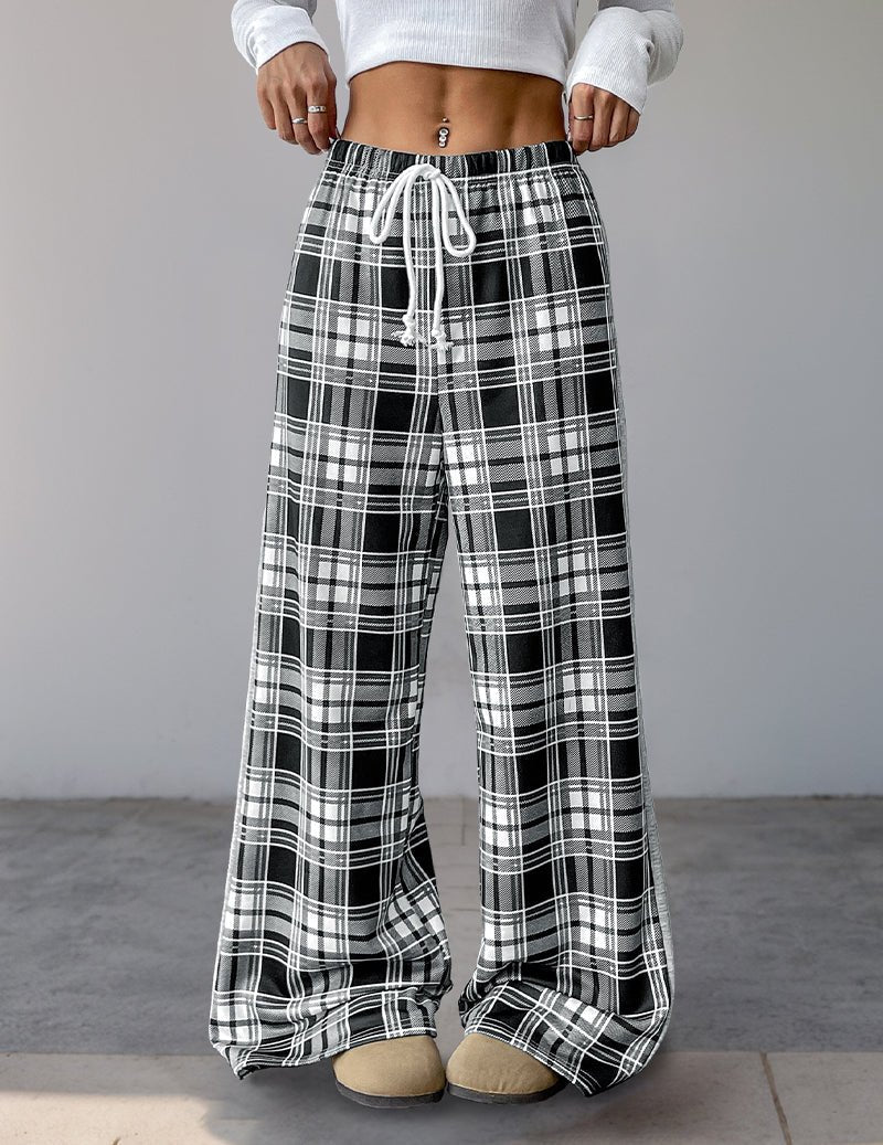 Karierte Wide-Leg-High-Rise-Hose in Schwarz-Weiß mit Bindeband