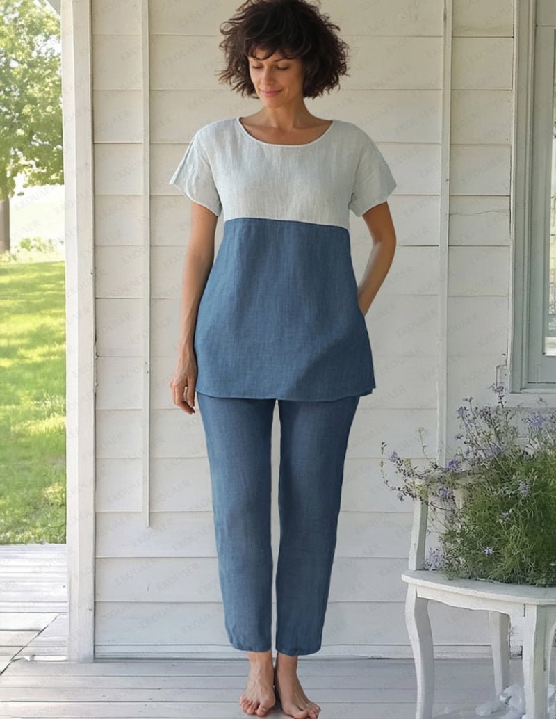100% cotton 2-piece set: short-sleeve tunic and cropped pants, blue top panel