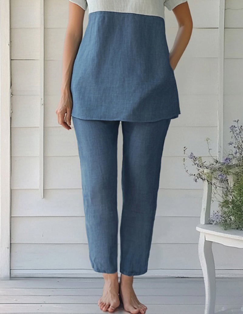 Cotton tunic and pants set: blue two-tone tunic, short sleeves and tapered pants