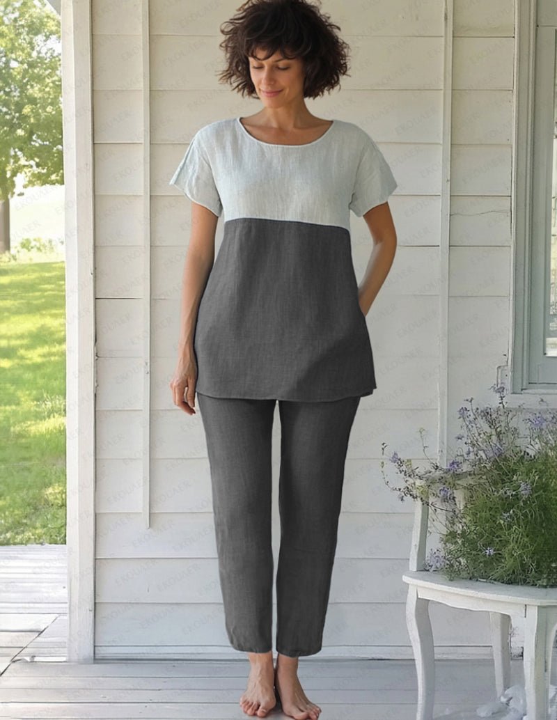 100% cotton 2-piece set: short-sleeve tunic and cropped pants, gray top panel