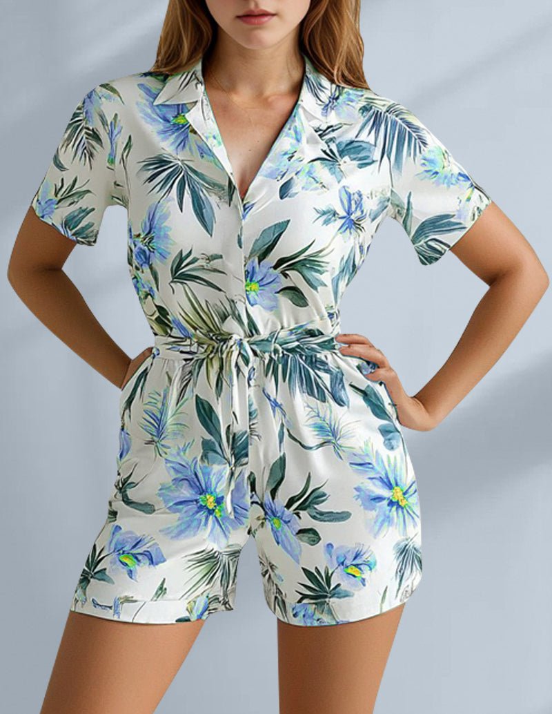Blue and green floral pajama romper set with short sleeves and tied waist