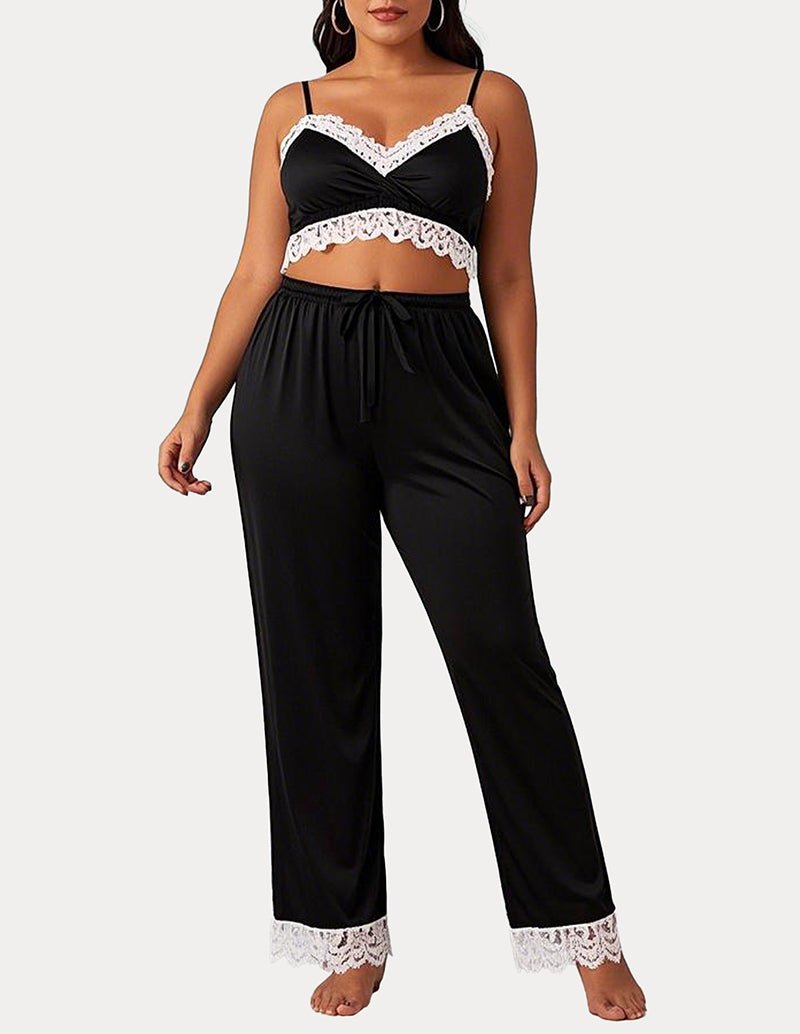 Black lace-trim camisole and pajama pants set, V-neck bralette style, lace hem cuffs