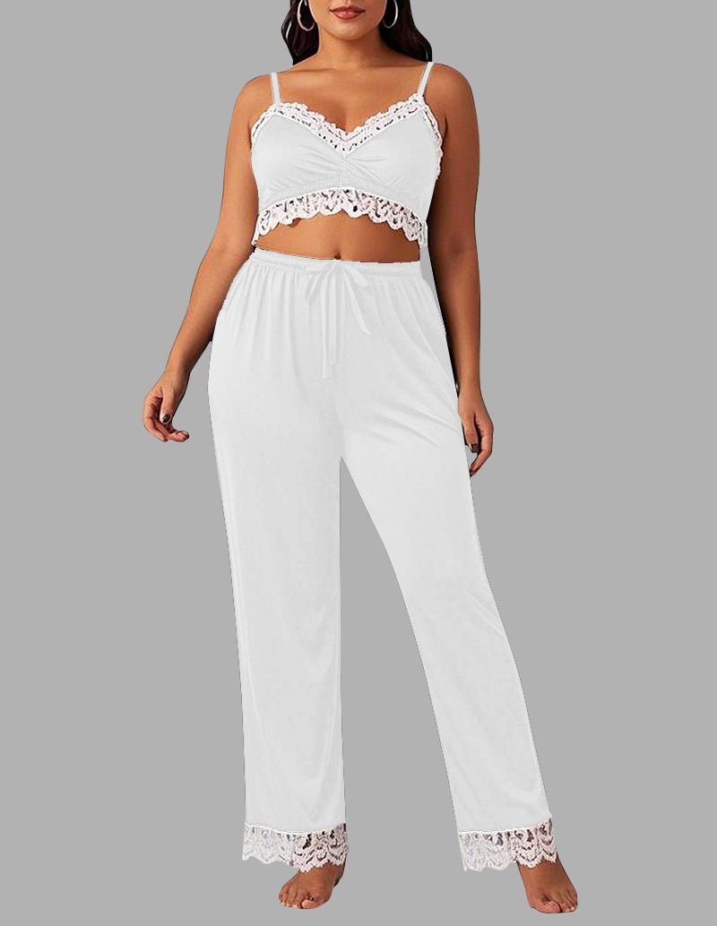 White lace-trim camisole and pajama pants set, V-neck bralette style, lace hem cuffs