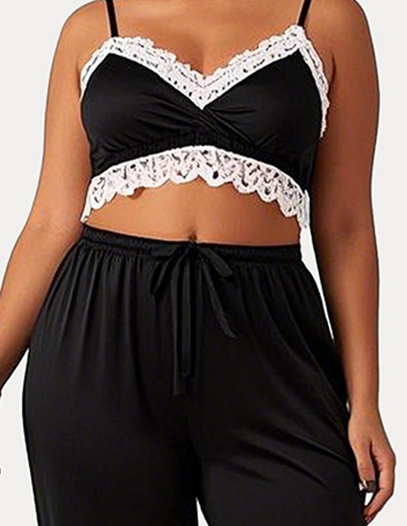 Black lace-trim camisole and pajama pants set, V-neck lace band, elastic waist