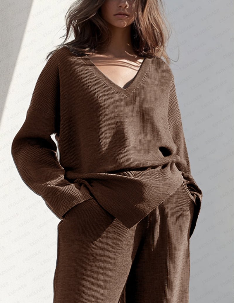 Brown knit lounge set with V-neck long-sleeve top and draped wide-leg pants