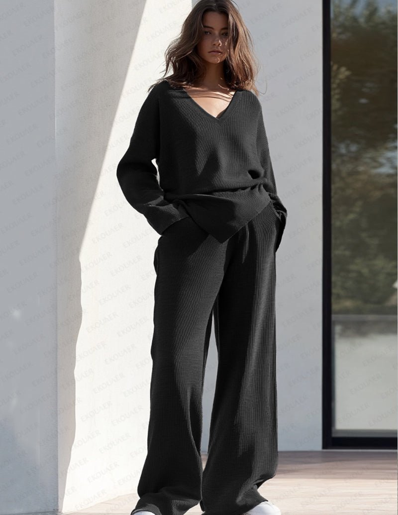 Black knit lounge set with V-neck long-sleeve top and wide-leg pants