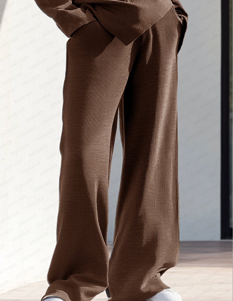 Brown knit lounge set pants with wide-leg drape