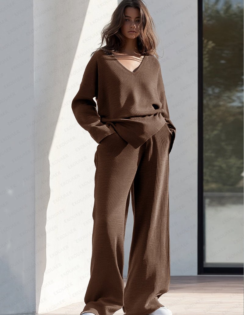 Brown knit lounge set with V-neck long-sleeve top and wide-leg pants