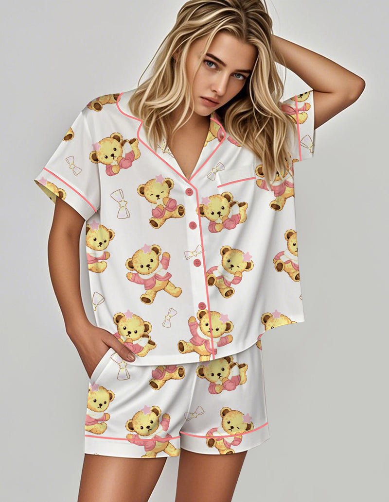 White satin teddy bear print pajama set, short-sleeve button shirt and matching shorts