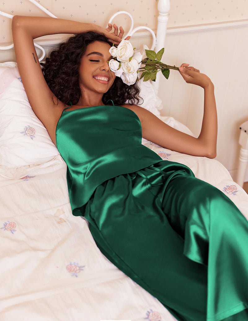 Silk lounge set in green satin, cami top with drawstring waist wide-leg pants
