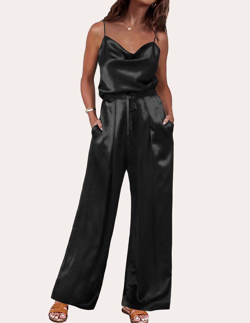 Silk lounge set in black satin, spaghetti-strap cami top and wide-leg pants