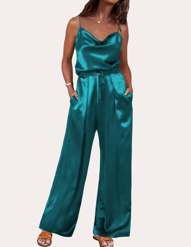 Silk lounge set in teal satin, spaghetti-strap cami top and drawstring waist wide-leg pants