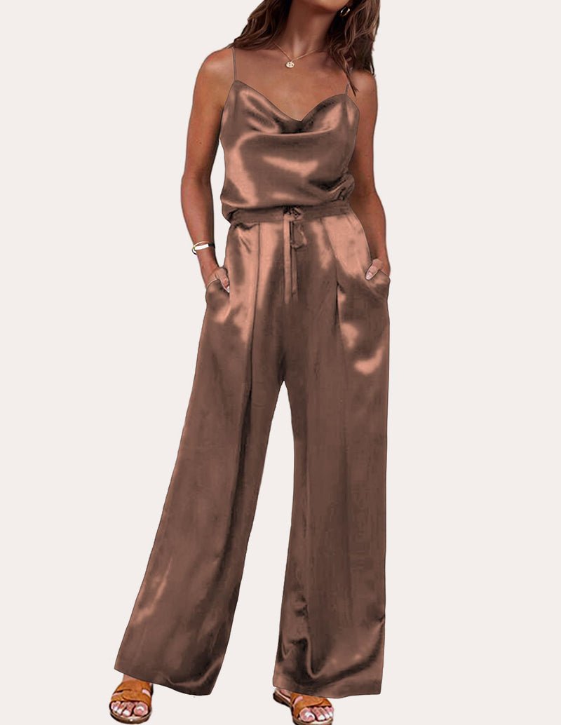 Silk lounge set in champagne satin, satin cami top with drawstring waist wide-leg pants