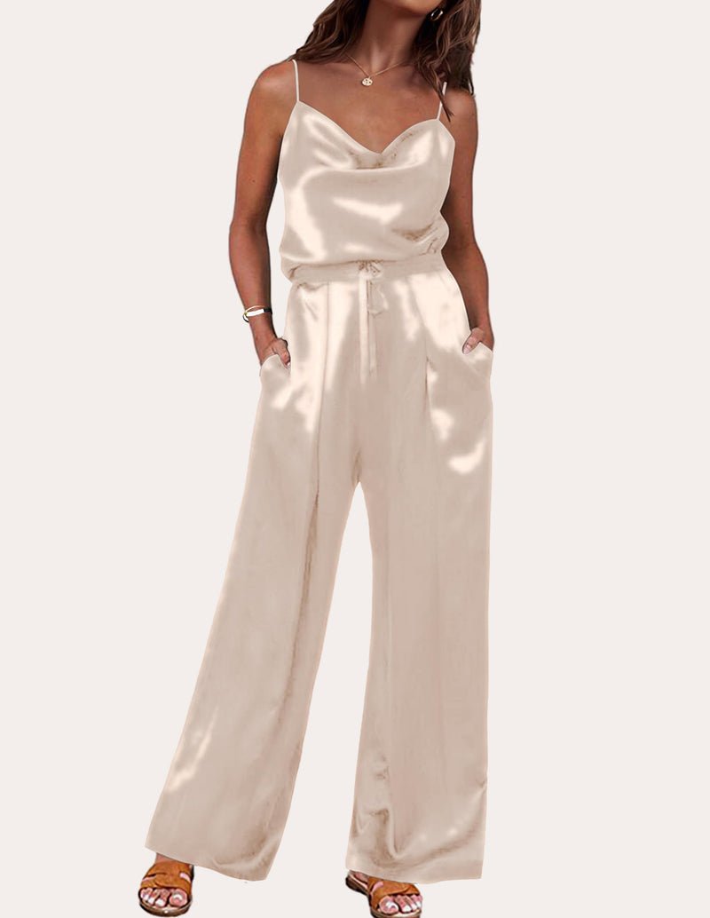 Silk lounge set in champagne satin, cami top with spaghetti straps and wide-leg pants