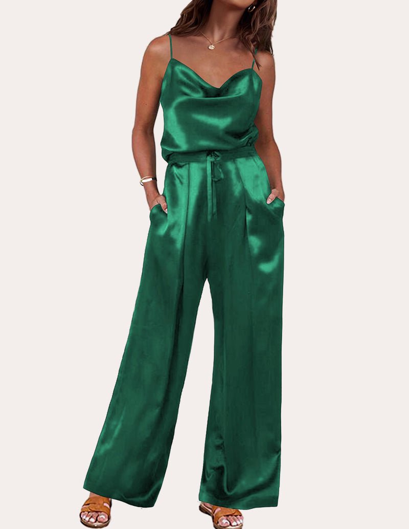Green satin cami and wide-leg pants lounge set, spaghetti-strap and tie waist
