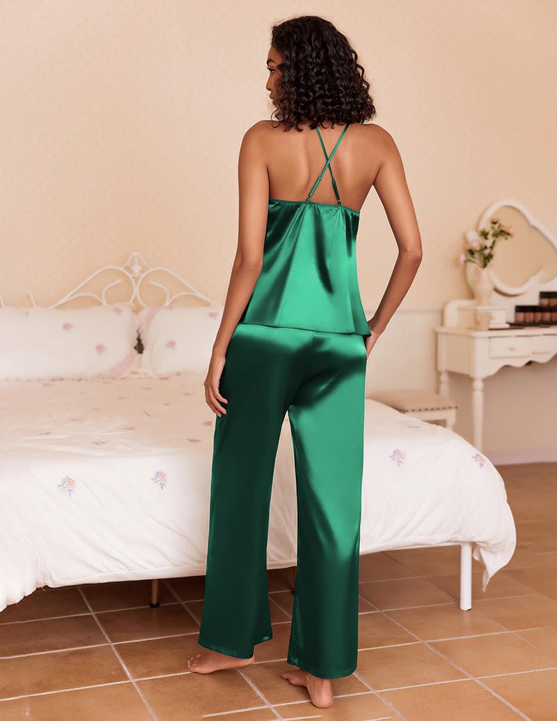 Green satin backless cami and wide-leg pants lounge set, crisscross back straps