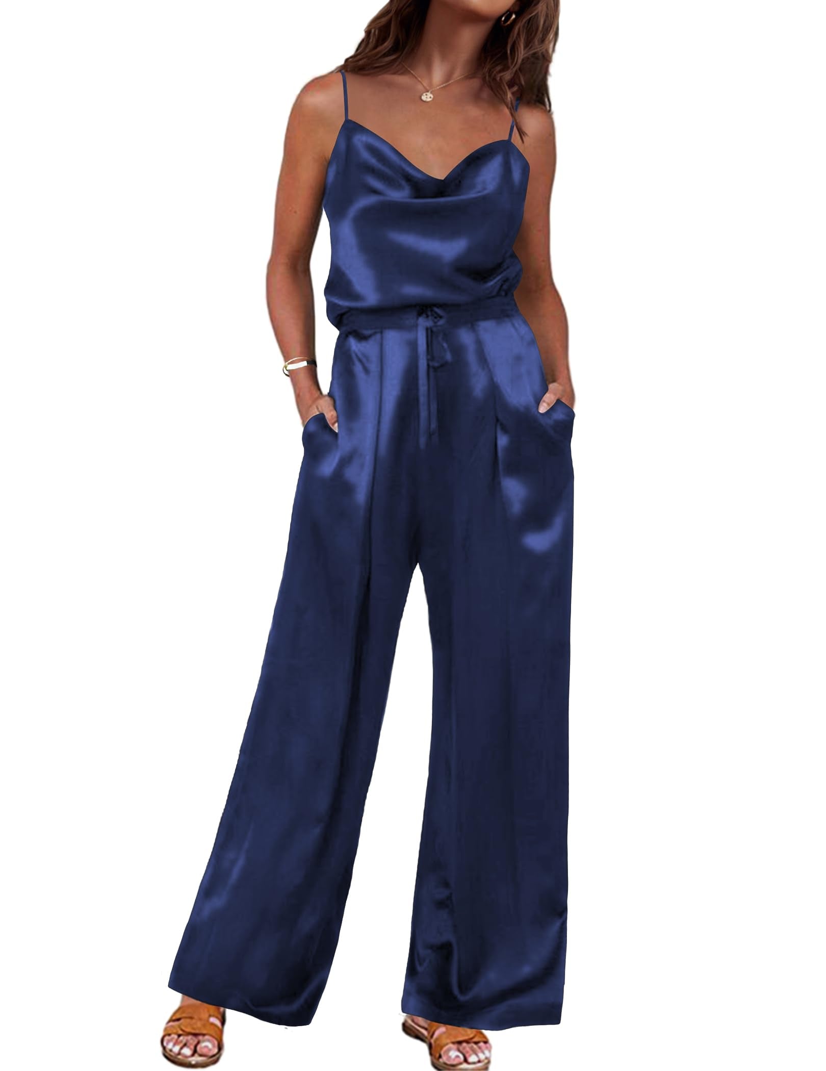 Silk lounge set in navy blue satin, cami top with spaghetti straps and wide-leg pants