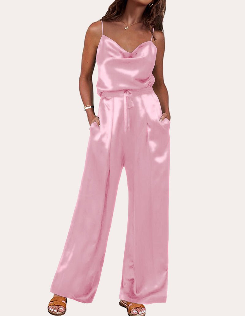 Silk lounge set in pink satin, spaghetti-strap cami top and drawstring waist wide-leg pants