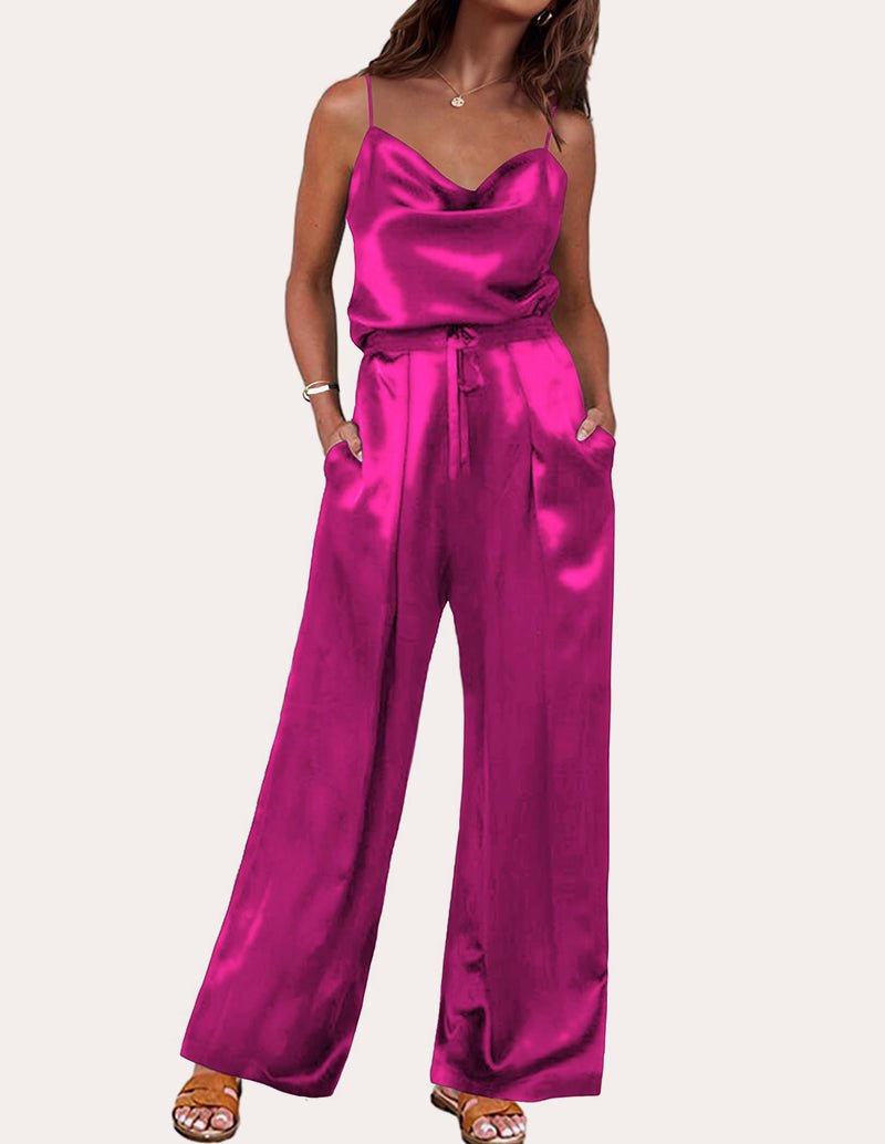 Silk lounge set in rose red satin, cami top and drawstring waist wide-leg pants