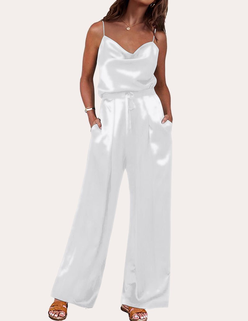 Silk lounge set in white satin, cami top with spaghetti straps and wide-leg pants