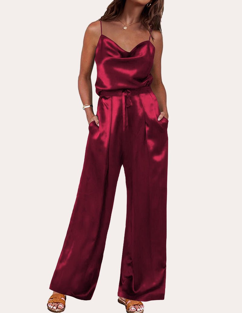 Silk lounge set in wine red satin, spaghetti-strap cami top and wide-leg pants