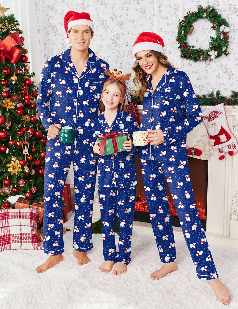 Blue long-sleeve pajama set with snowman print, button-front shirt and pants