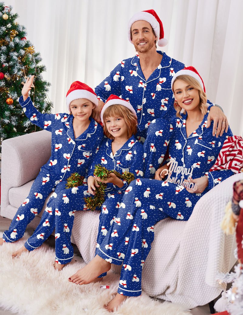 Blue family pajama set, long sleeves with white trim and snowman pattern pants