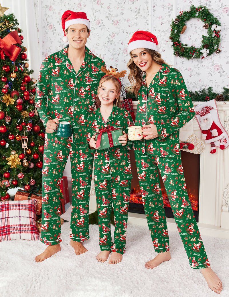 Green long-sleeve family pajama set with holiday print and white-trim cuffs
