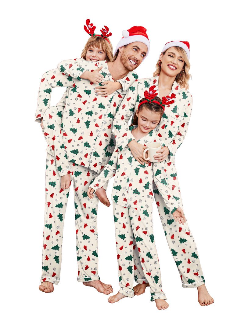 Cream long-sleeve family pajama set with multicolor Christmas tree and red accents