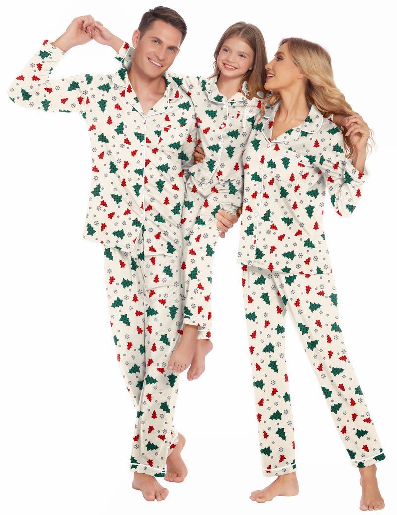 Cream long-sleeve pajama set with colorful festive print and button-front tops