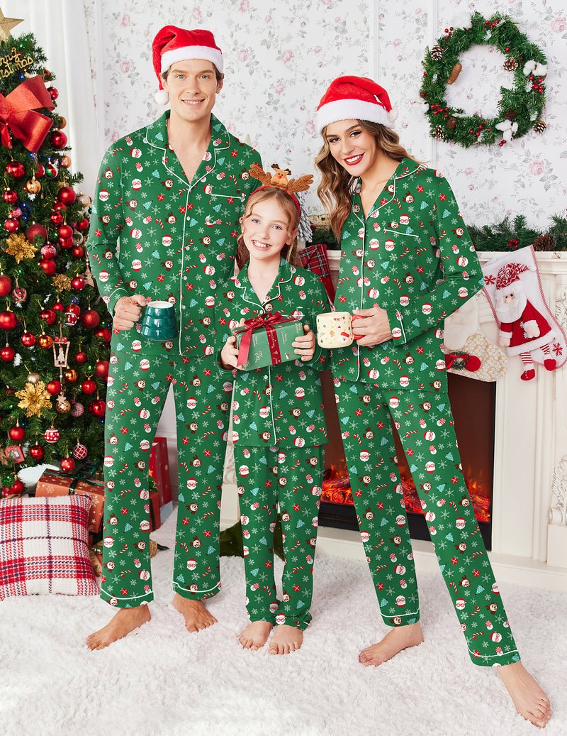Green long-sleeve family pajama set with festive print and white-trim collar