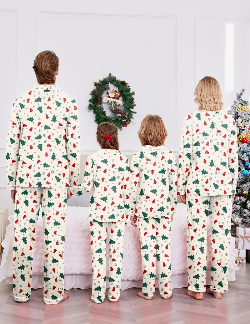 Back view of cream long-sleeve family pajama set with colorful Christmas print