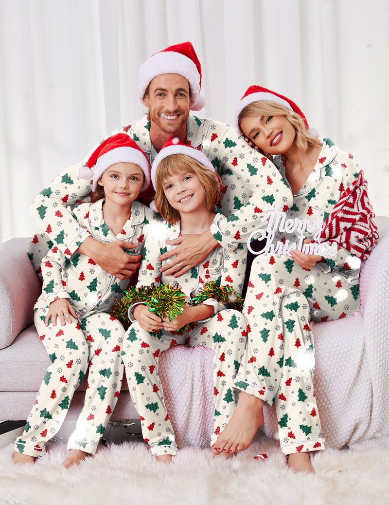 Cream long-sleeve family pajama set with multicolor print and “Merry Christmas” detail