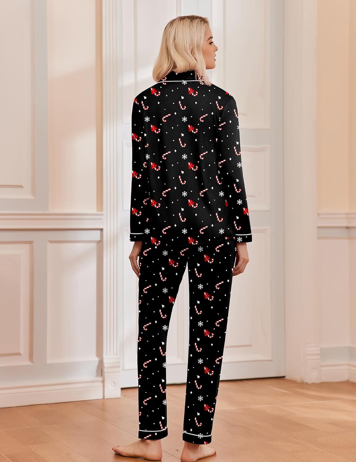 Black Christmas pajama set, long sleeves and pants with all-over red/white icons
