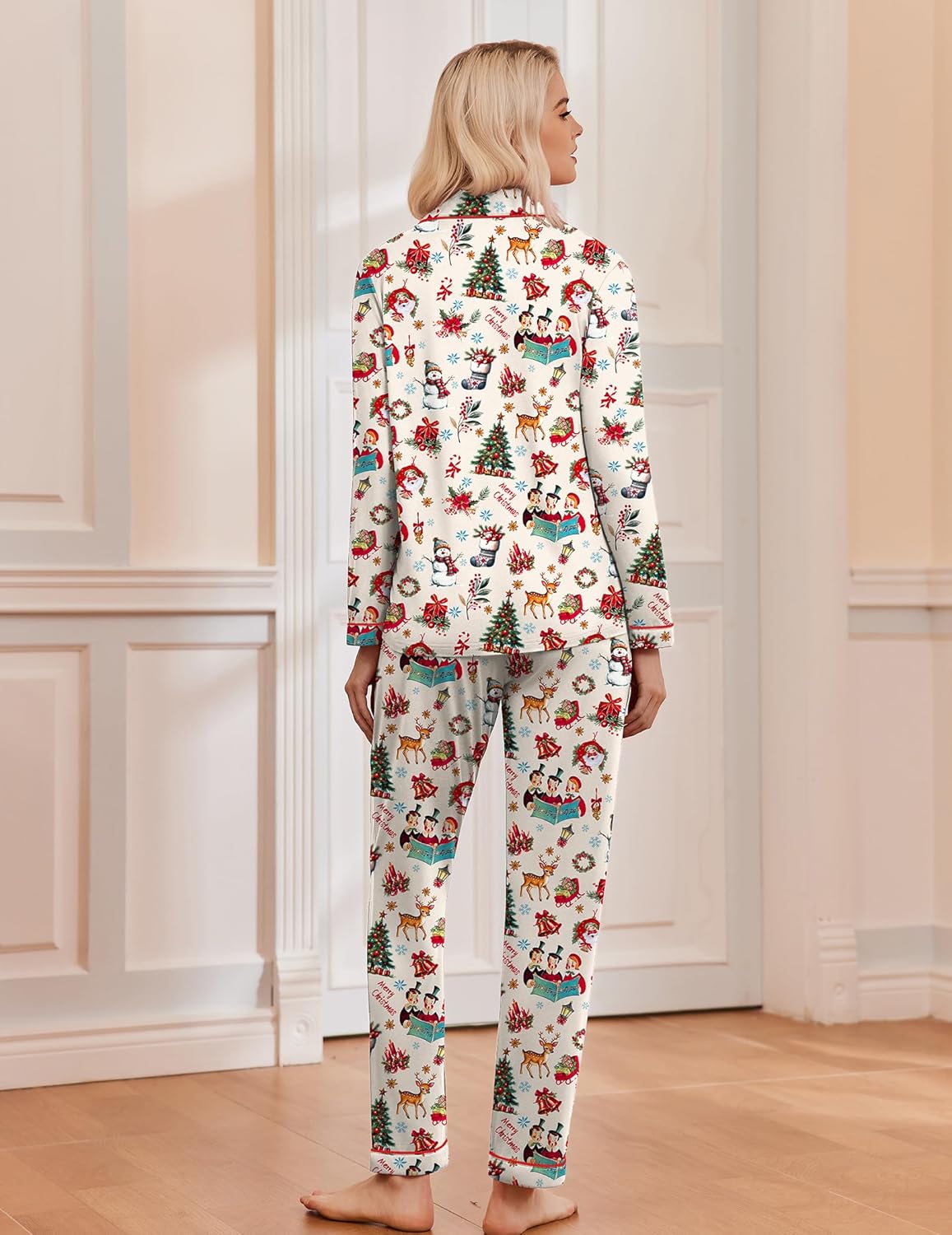 White Christmas pajama set with long sleeves and matching pants, holiday characters print