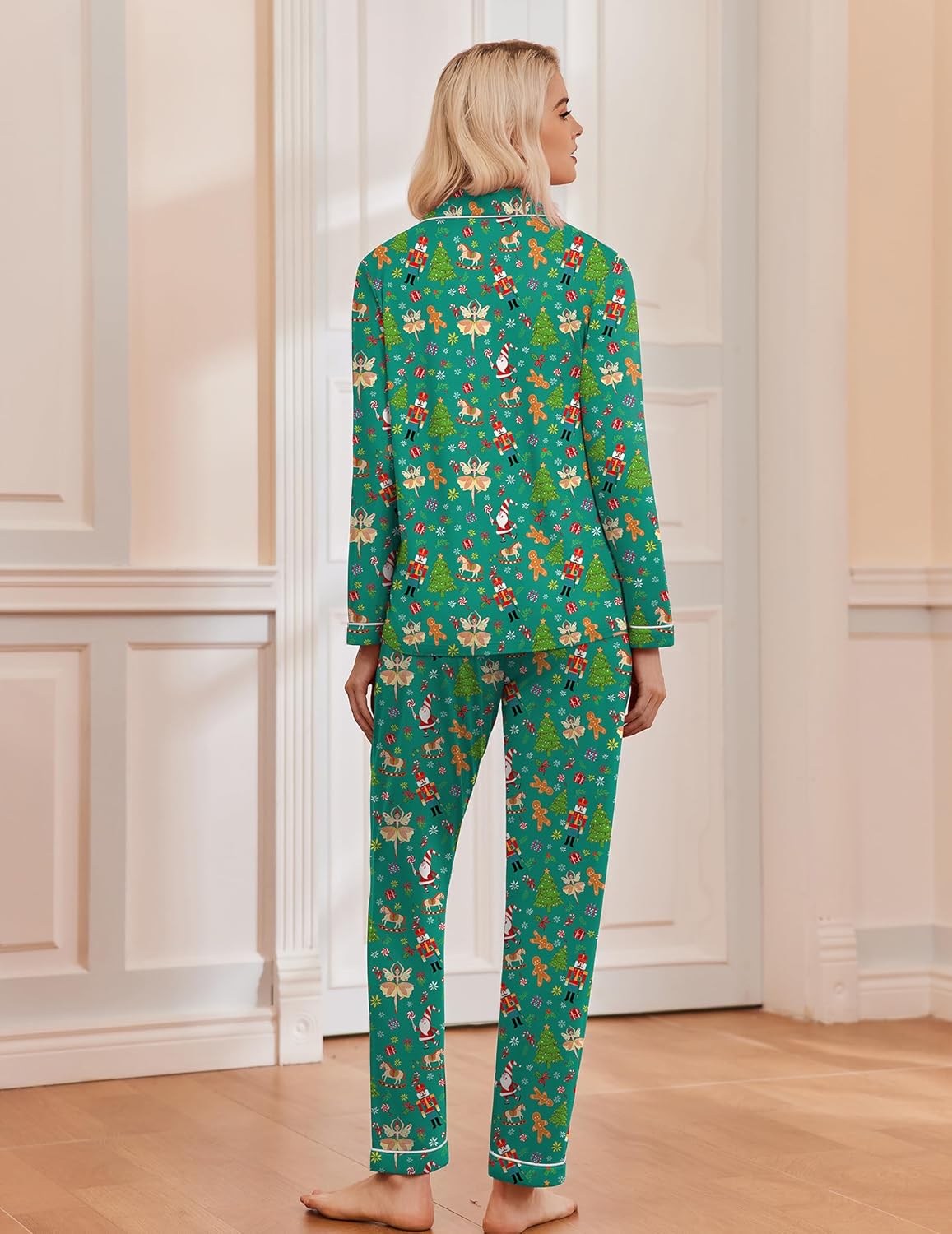 Green Christmas pajama set, back view, long sleeves with all-over festive print and pants