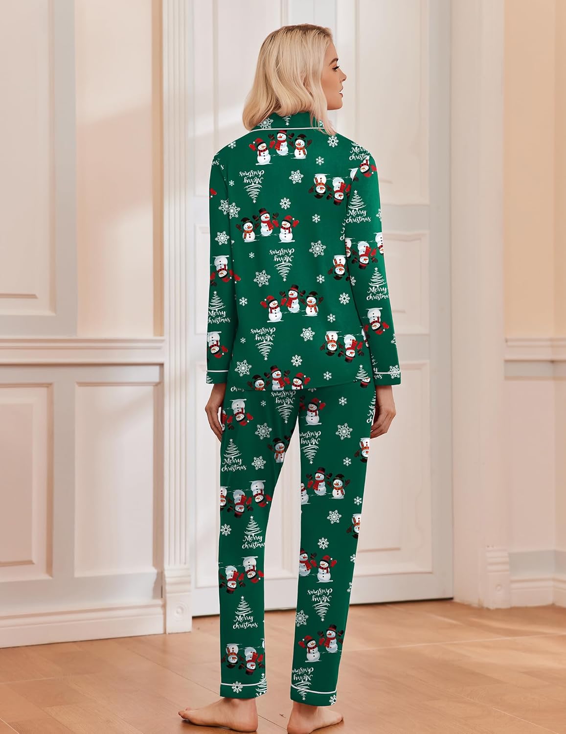 Green Christmas pajama set, all-over snowman print on long sleeves and pants
