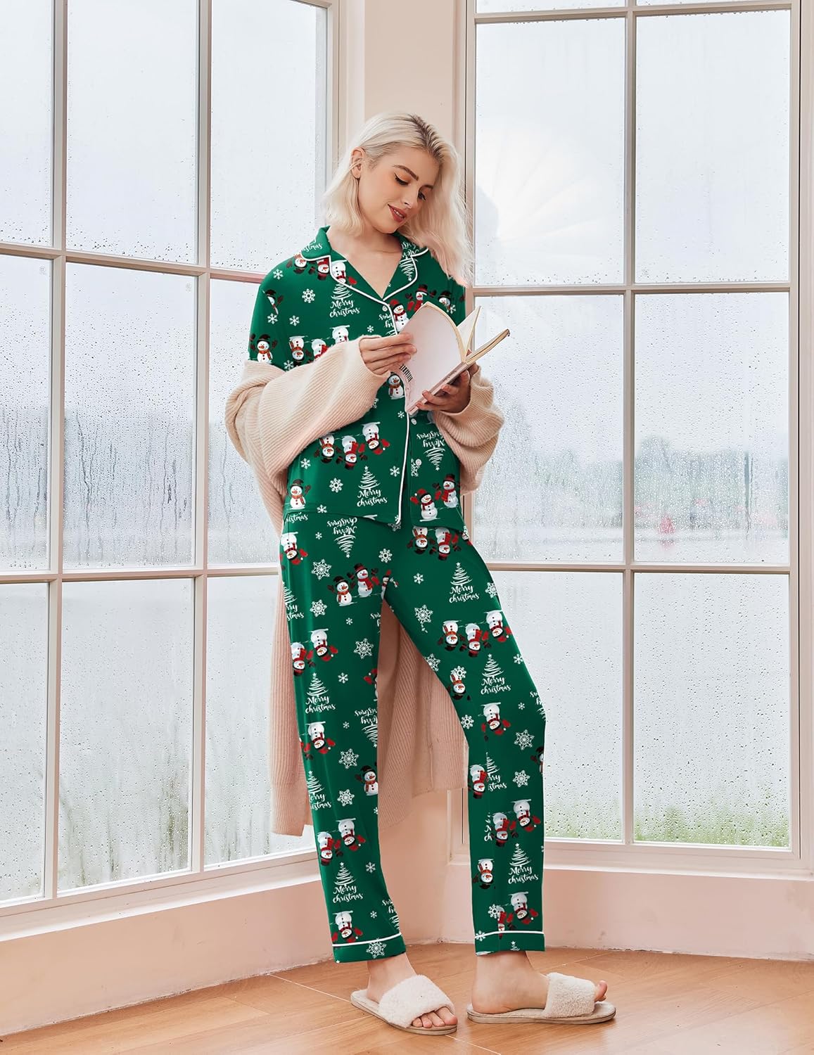 Green long-sleeve Christmas pajama set with button front and snowman print, matching pants