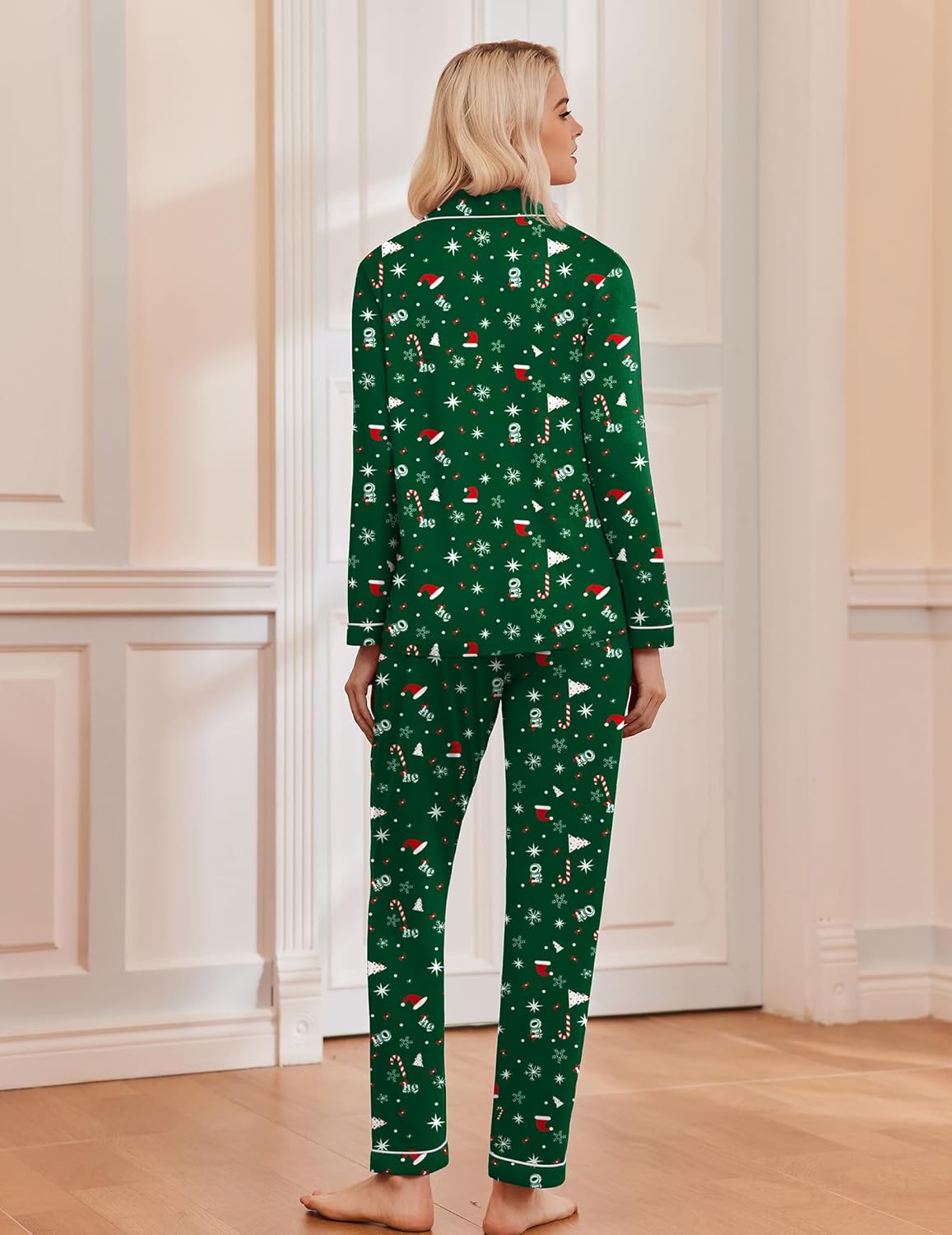 Green Christmas pajama set, long sleeves and pants with all-over white festive icons
