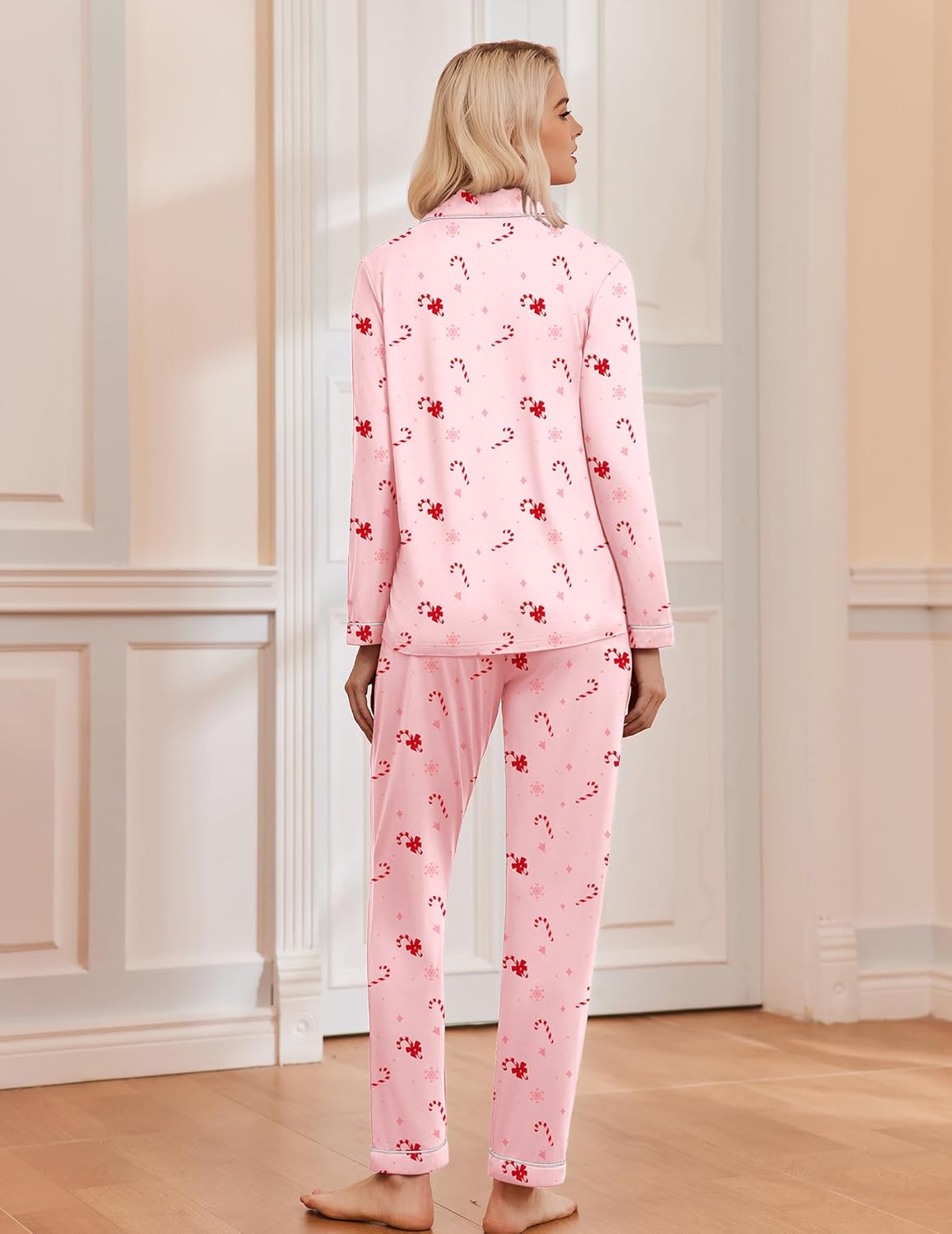 Christmas pajama set, long-sleeve pink with red holiday print and matching pants