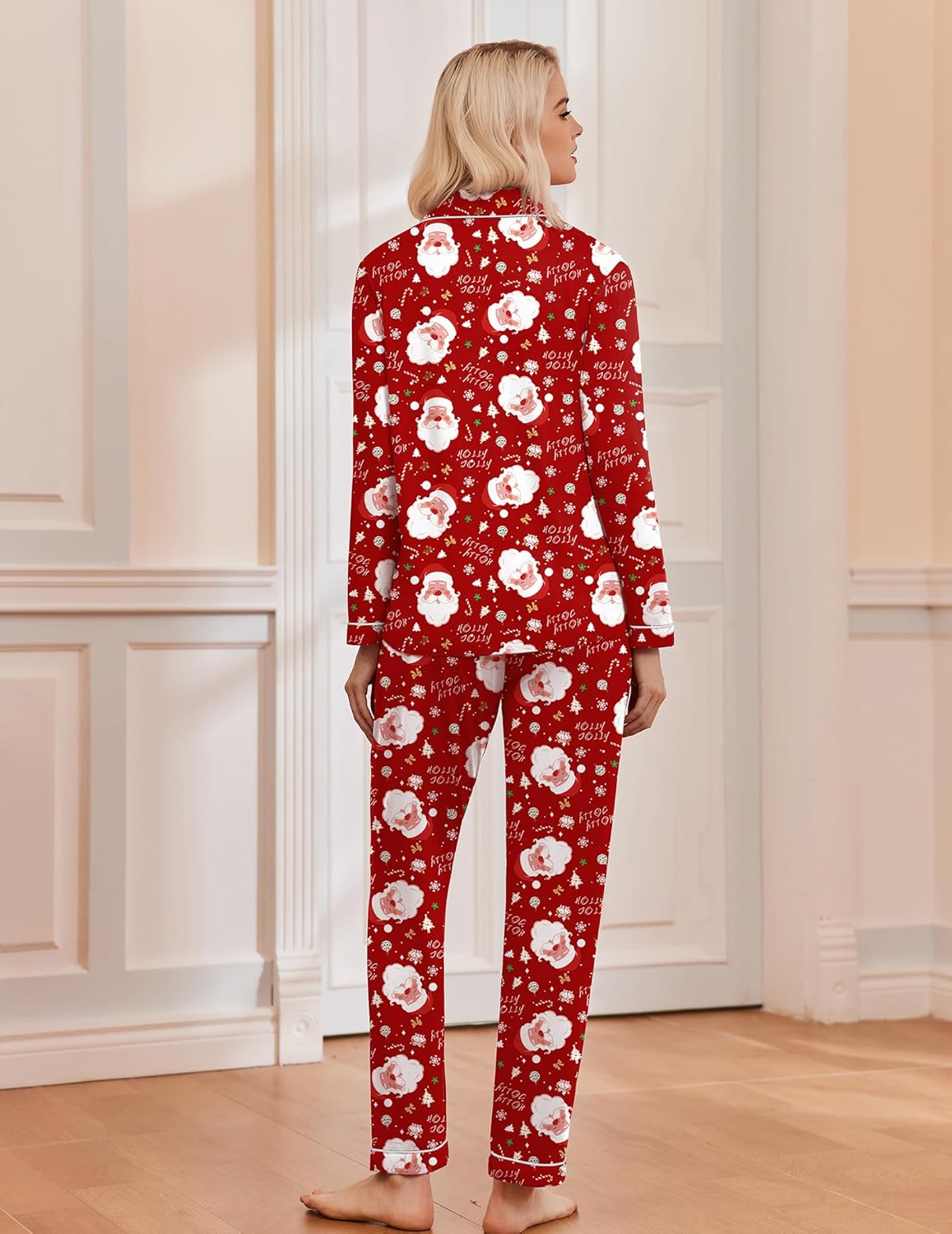 Red pajama set for Christmas with long sleeves and matching pants, white character print