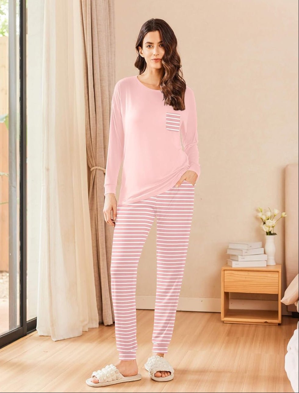 Soft lounge PJ set: light pink long-sleeve top with matching striped pajama pants