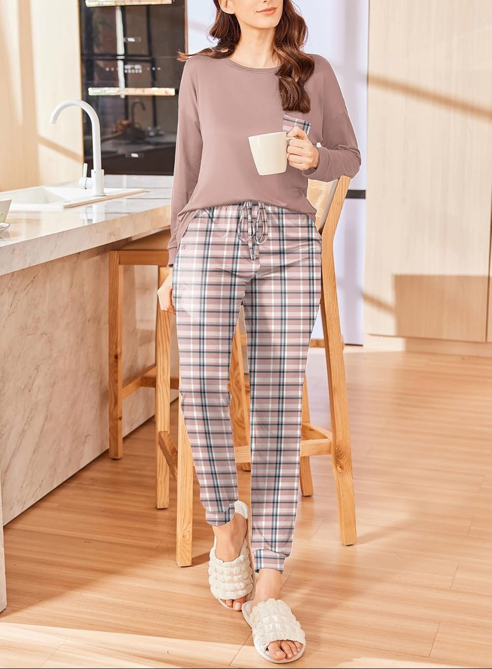 Christmas PJ set with taupe long-sleeve top and gray plaid drawstring pants