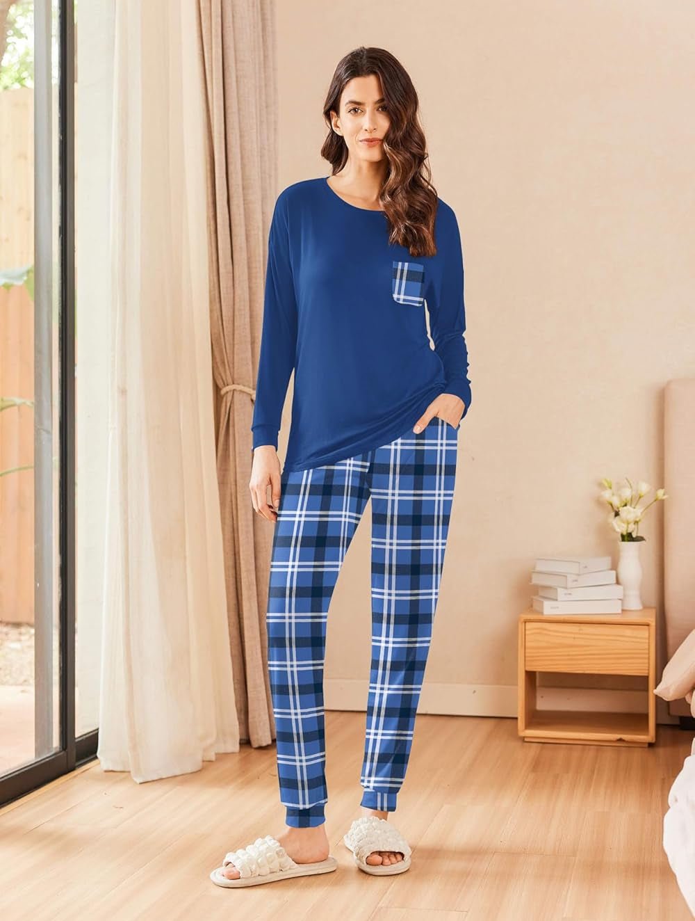 Soft lounge PJ set: blue long-sleeve top with blue plaid drawstring pajama pants